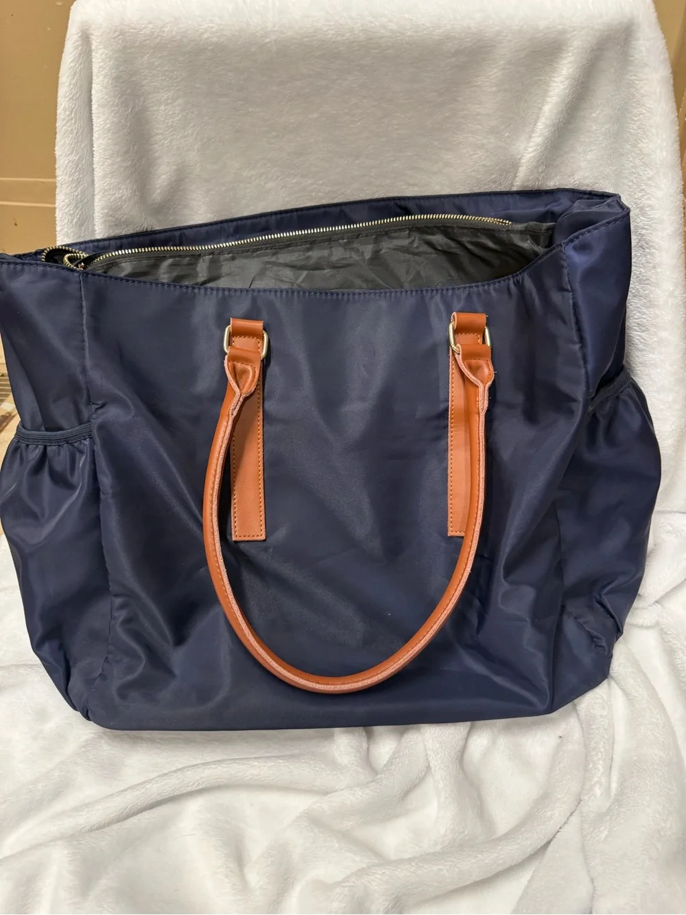 Navy Nylon Tote with Tan Handles